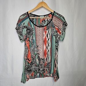 Nostalgia Colorful Vintage Inspired Short Rolled Sleeve Blouse Size S